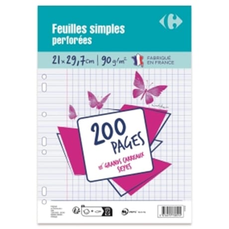 Carrefour 200 feuilles simples perforées 21x29.7 cm grands carreaux