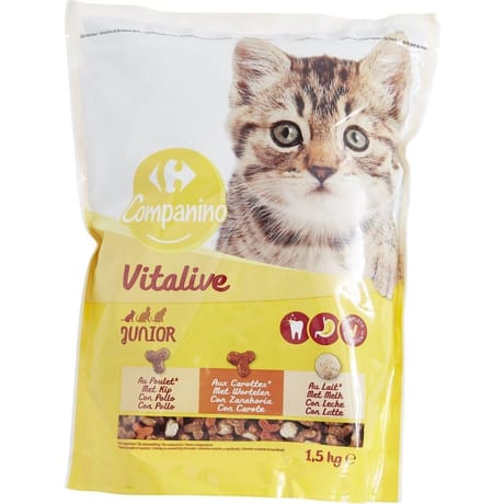 Carrefour companino croquettes pour chat junior au poulet, aux carottes avec du lait 1.5kg