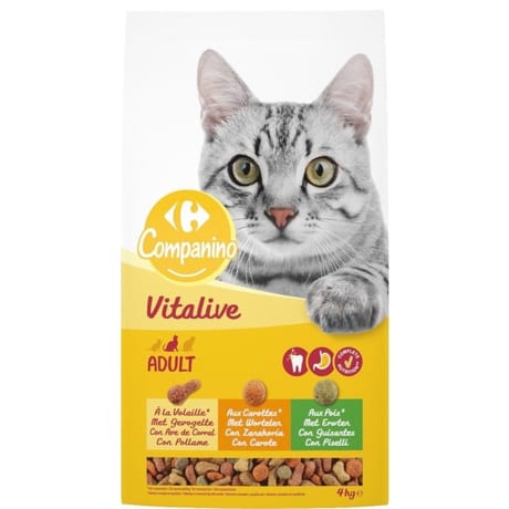 Carrefour companino croquettes pour chat adulte à la volaille aux carottes et aux pois 4kg