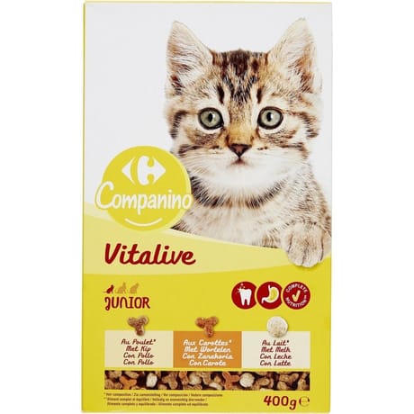 Carrefour companino croquettes pour chat junior au poulet, aux carottes avec du lait - 400g