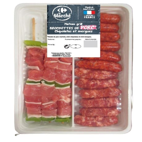 Plateau grill brochette de porc chipolatas et merguez 630g Carrefour le marché