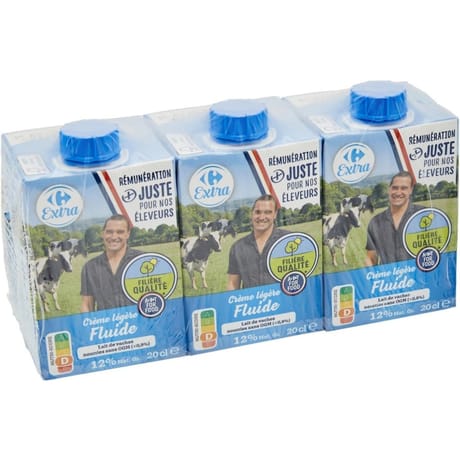 Carrefour extra crème légère fluide uht 12%mg 3x20cl