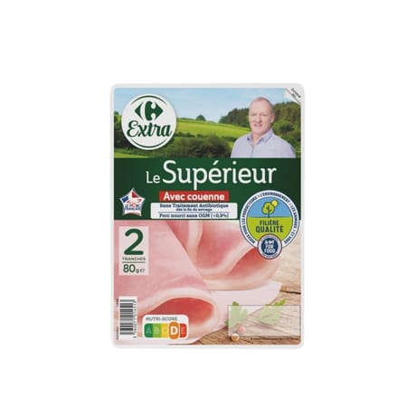 Carrefour extra jambon le supérieur avec couenne 2 tranches 80g