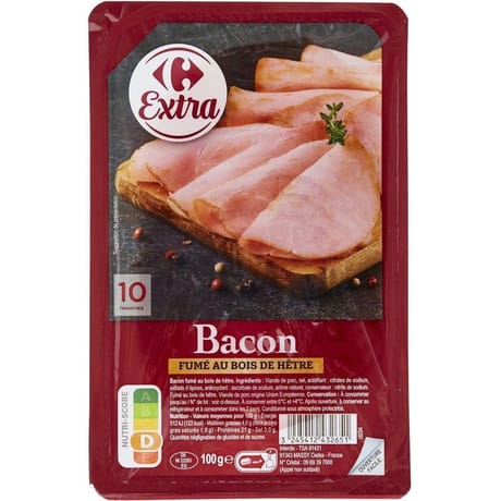 Carrefour extra bacon fumé au bois de hetre 10 tranches 100g