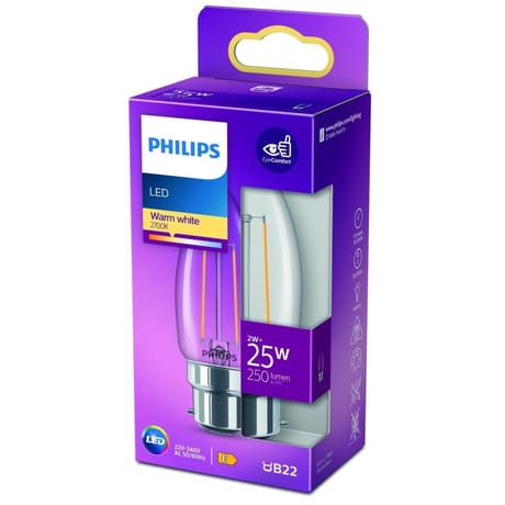 Philips ampoule LED B22 flamme filament blanc-chaud 25W