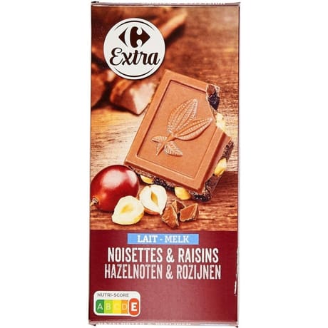 Carrefour extra tablette de chocolat au lait noisettes et raisins 200g