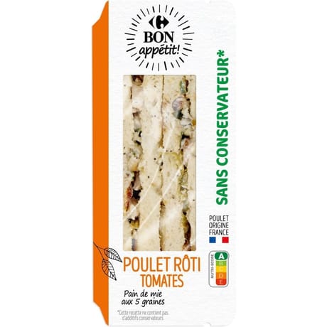 Carrefour bon appetit sandwich poulet roti crudités 160g
