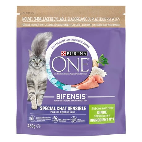Purina one chat sensible croquettes pour chat adulte à la dinde et au riz  - 450g