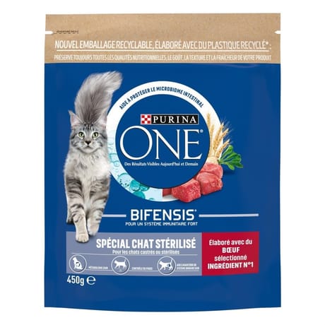 Purina One croquettes pour chat adulte stérilisé au boeuf et au blé - 450 g