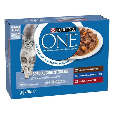 Purina one chat stérilisé sauce en gelée canard sardine et boeuf 8x85g