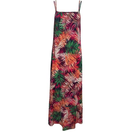 Robe longue fines bretelles IMP. FEUILLAGE FUCHSIA/VERT T44