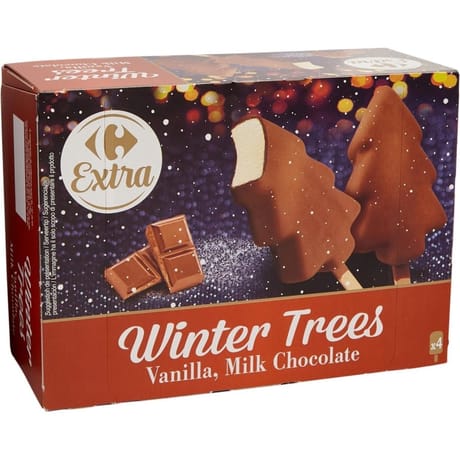 Carrefour extra 4 bâtonnets winter trees glace vanille enrobage chocolat au lait 240g