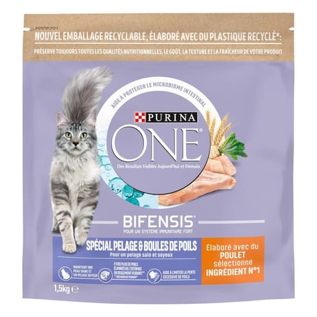 Purina one pelage & boules de poils croquettes pour chat adulte poulet et céréales complètes 1,5kg
