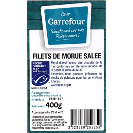 Filets de morue salée CARREFOUR LE MARCHE la barquette de 400g