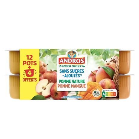 Andros sans sucre ajoutés pomme nature pomme mangue 12x100g +4 offerts