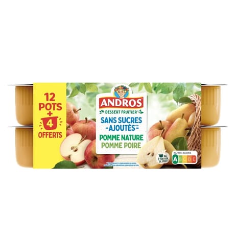 Andros sans sucres ajoutés pomme nature pomme poire 12x100g +4 offerts