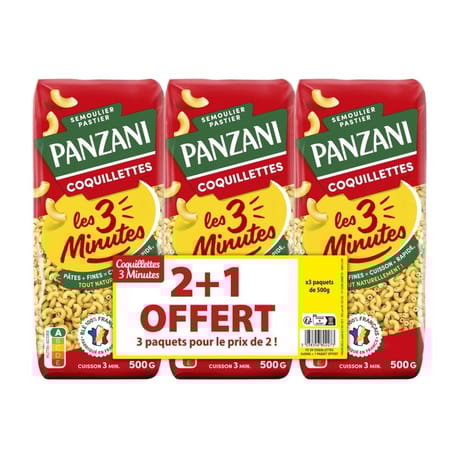 Panzani coquillettes cuisson rapide 2x500g + 1 paquet offert 1500g