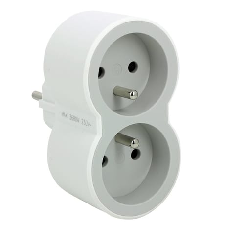 Multiprise 2 prises frontal blanc gris