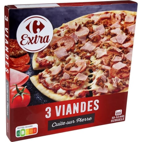 Carrefour classic pizza 3 viandes cuite sur pierre 410g