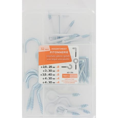 Tréfilaction assortiment pitonnerie (crochets, pitons, gonds) x32