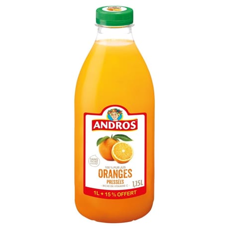 Andros 100% pur jus d'oranges pressées 1l + 15% offert