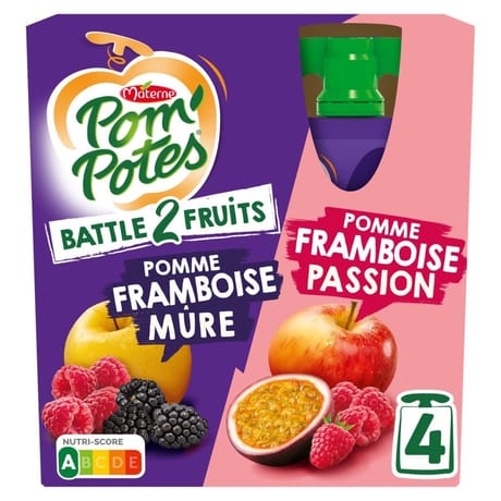 Pom'Potes compotes gourdes battle 2 fruits pomme framboise mûre 4x90g
