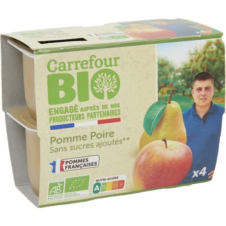 Carrefour bio compotes pomme poire sans sucre ajoutés x4 - 400g
