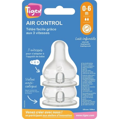 2 tétines silicone lait/eau air control  0/6 mois Tigex