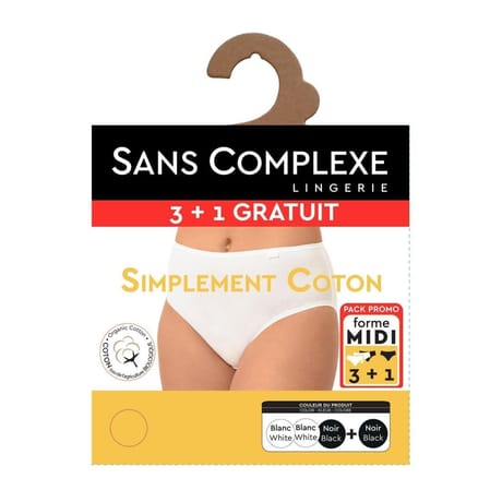 Lot de 3 slips + 1 offert ligne Simplement coton bio Sans Complexe NOIR X2 / BLANC X2 T52