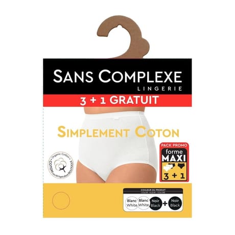 Lot de 3 culottes + 1 offerte ligne Simplement coton bio Sans Complexe NOIR X2 / BLANC X2 T48