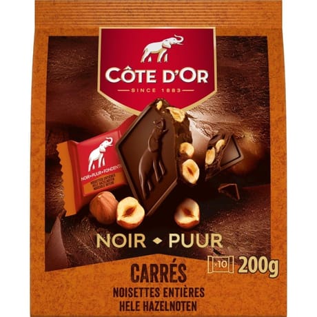 Côte d'or carrés noir noisettes entières 10x20-200g
