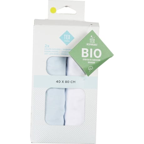 Lot de 2 draps housse unis bleu 40x80cm coton bio Tex