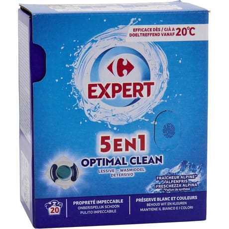 Carrefour expert optimal clean lessive doses 5 en 1 fraîcheur alpine x20