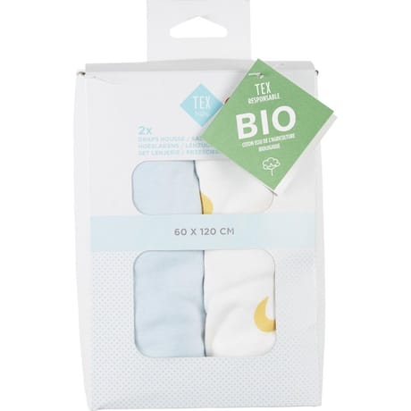 Lot de 2 draps housse 1 uni-1 imprime bleu 60x120cm coton bio Tex