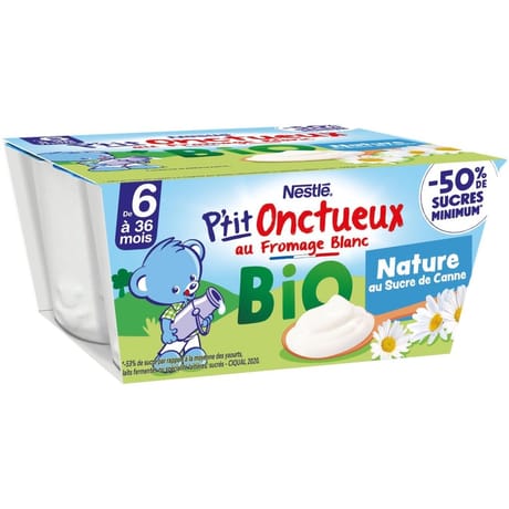 Nestlé p'tit onctueux bio nature sucre de canne dès 6 mois 4x90g