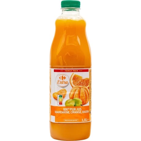 Carrefour extra pur jus de fruits mandarine, orange raisin 1.5l