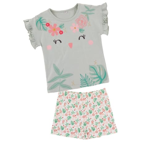 Pyjashort fille VERT D'EAU/BLANC AOP 10 ANS