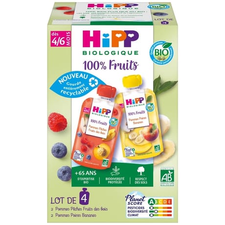 Hipp gourdes 100% fruits 2 variétés 4/6 mois lot de 4
