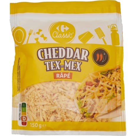 Carrefour Classic' fromage râpé cheddar tex-mex 150g