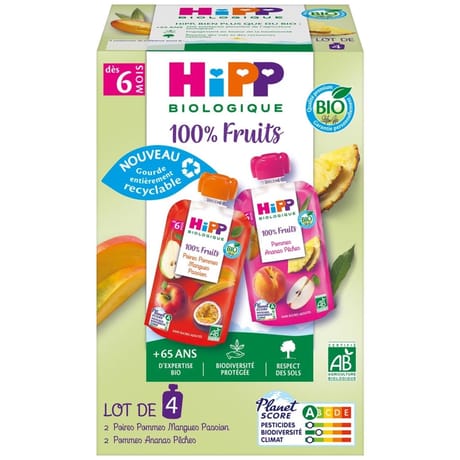 Hipp gourdes 100% fruits 2 variétés 6 mois lot de 4