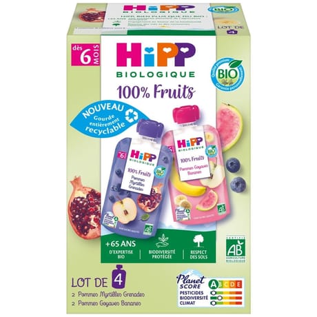 Hipp gourdes 100% fruits 2 variétés 6 mois lot de 4