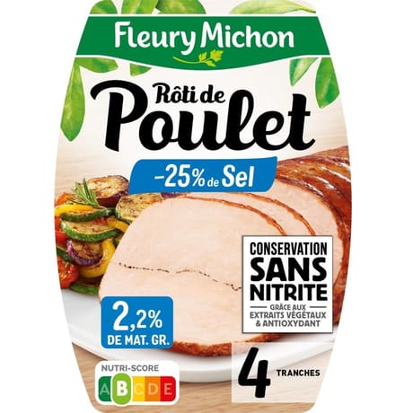 Fleury michon 4 tranches de roti de poulet cuit -25% de sel , conservation sans nitrite 150g