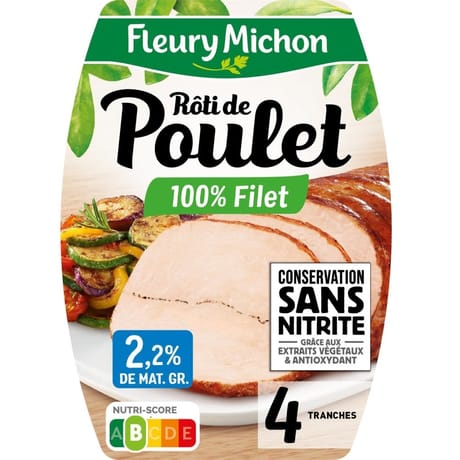 Fleury michon 4 tranches de rôti de poulet cuit conservation sans nitrite 150G