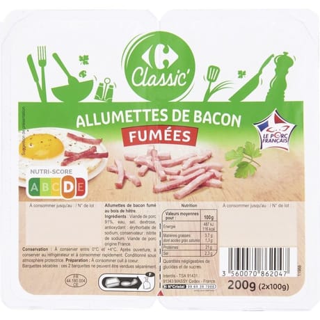 Carrefour Classic' allumettes de bacon fumées x2-200g