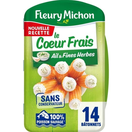 Fleury Michon 14 bâtonnets de surimi coeur frais fromage ail et fines herbes 224g