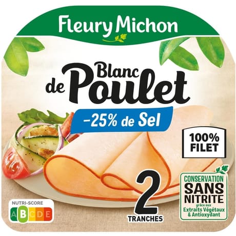 Fleury michon blanc de poulet sel réduit de 25% 2 tranches 80 g