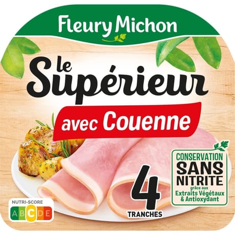 Fleury michon jambon supérieur avec couenne conservation sans nitrite 4 tranches 160g