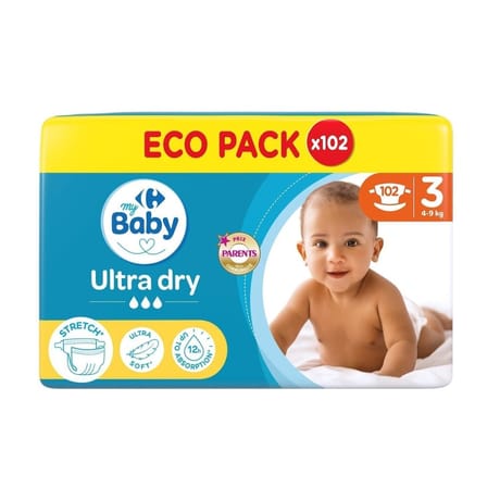 Carrefour baby couches bébé ultra dry 4-9 kg taille 3 x102
