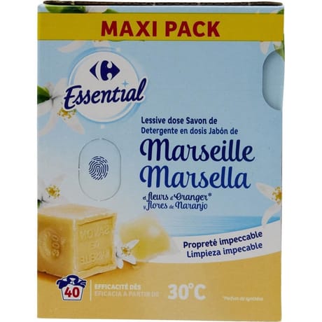 Carrefour essential lessive doses savon de Marseille et fleurs d'oranger 40 doses 520g