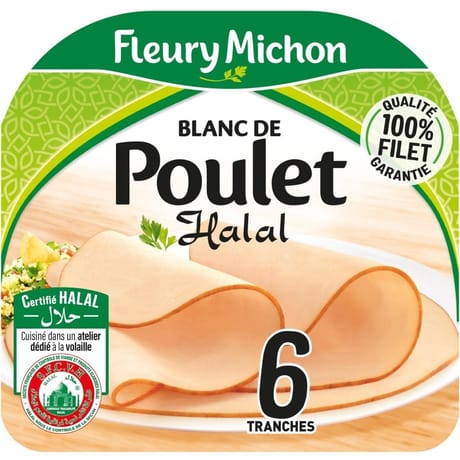 Fleury michon 6 tranches fines blanc de poulet doré au four halal 180 g
